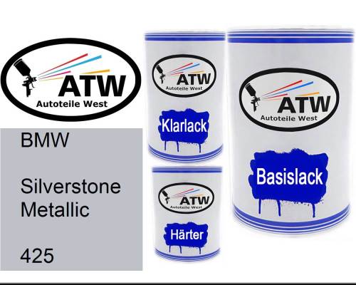 BMW, Silverstone Metallic, 425: 500ml Lackdose + 500ml Klarlack + 250ml Härter - Set, von ATW Autoteile West.